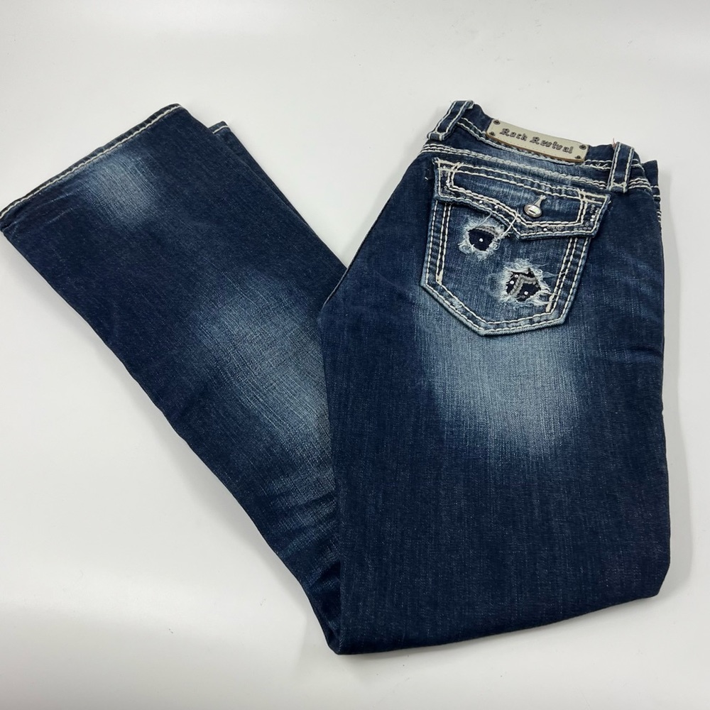 ROCK REVIVAL BOOT CUT KOI WASH DISTRESSED JEANS SIZE 32